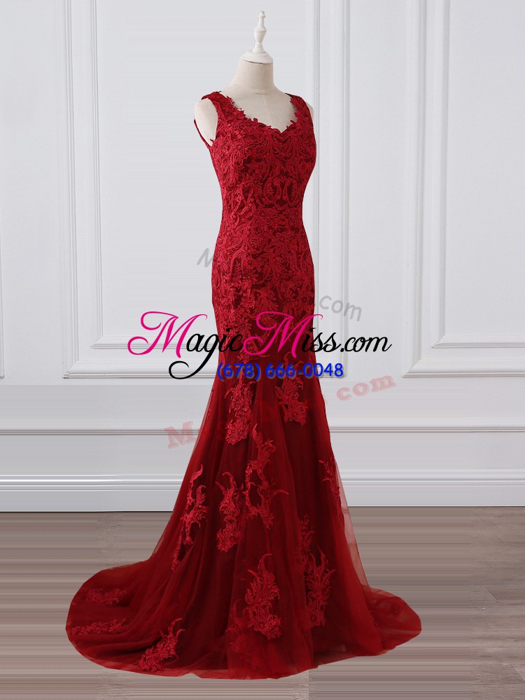 wholesale lace and appliques mother of the bride dress red zipper sleeveless brush train