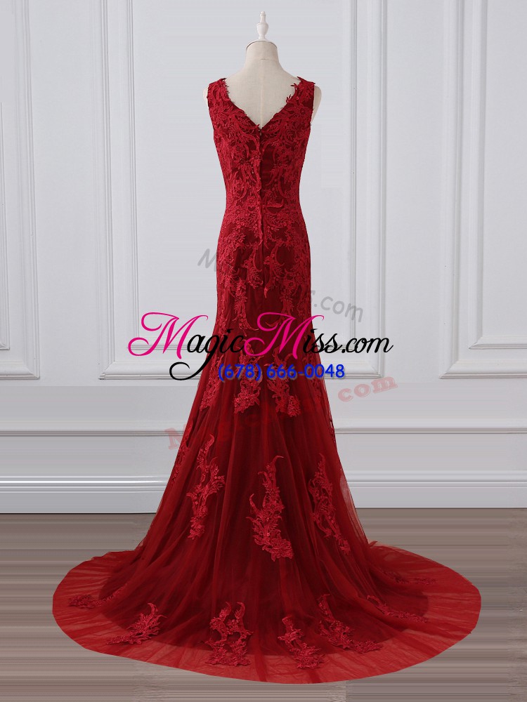 wholesale lace and appliques mother of the bride dress red zipper sleeveless brush train