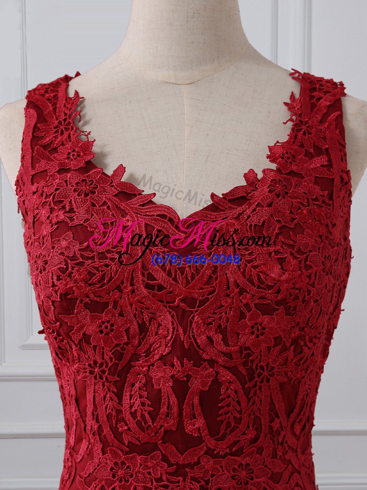 wholesale lace and appliques mother of the bride dress red zipper sleeveless brush train