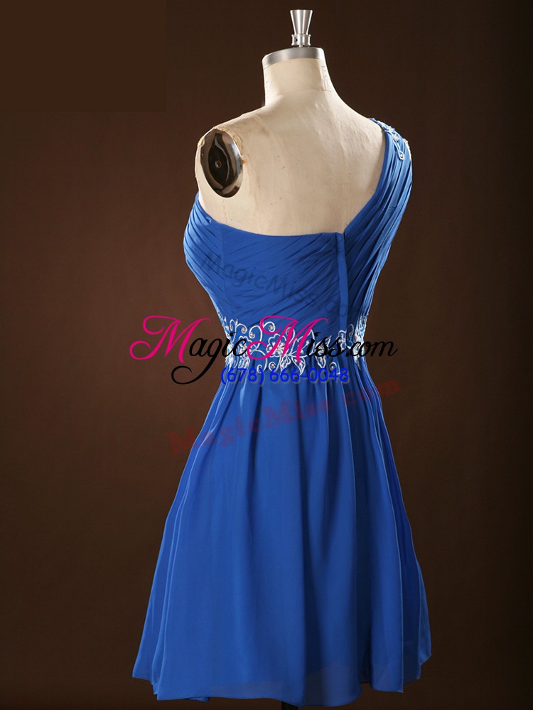 wholesale blue sleeveless appliques and ruching mini length quinceanera court of honor dress