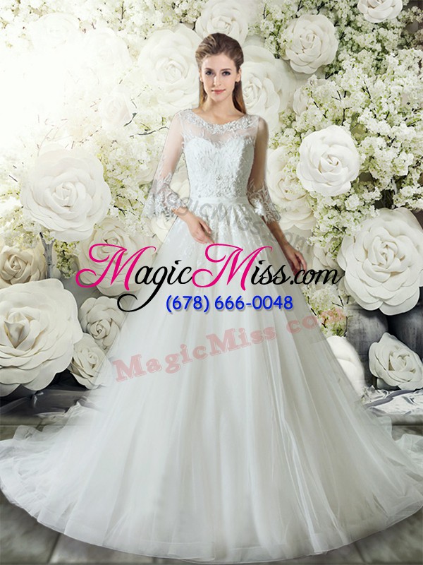 wholesale new style white tulle zipper wedding dress 3 4 length sleeve court train lace