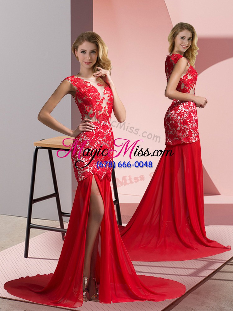 wholesale v-neck sleeveless brush train zipper prom dresses coral red chiffon