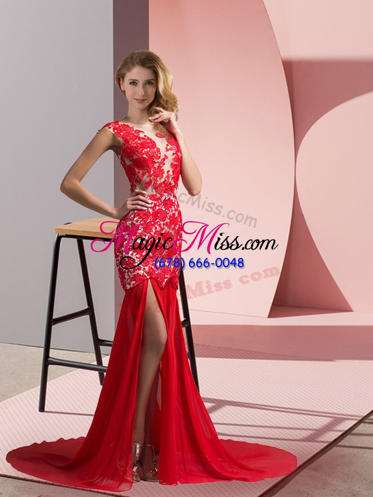 wholesale v-neck sleeveless brush train zipper prom dresses coral red chiffon