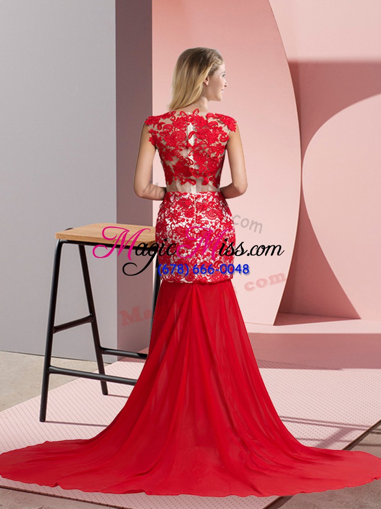 wholesale v-neck sleeveless brush train zipper prom dresses coral red chiffon