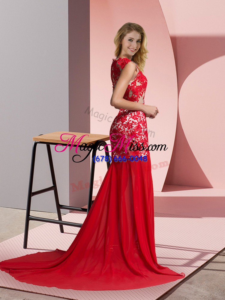 wholesale v-neck sleeveless brush train zipper prom dresses coral red chiffon