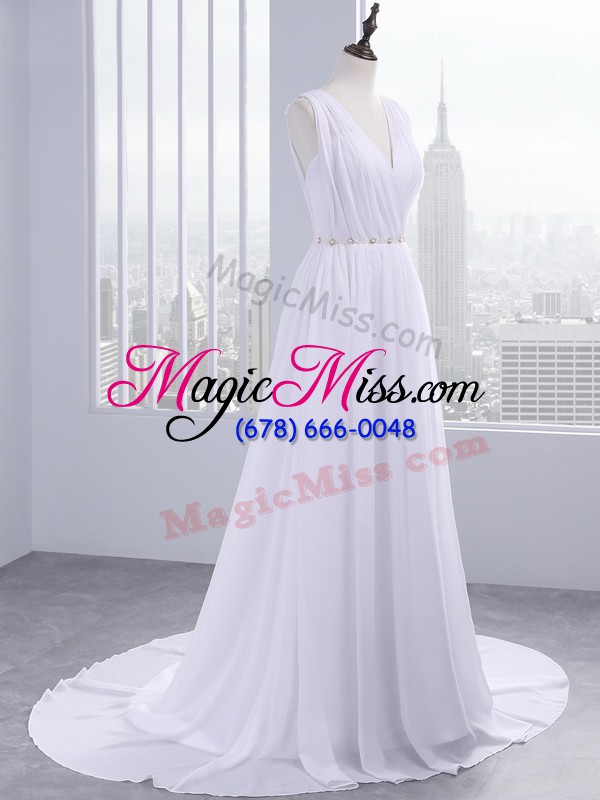 wholesale sexy white backless v-neck beading and ruching wedding dresses chiffon sleeveless brush train