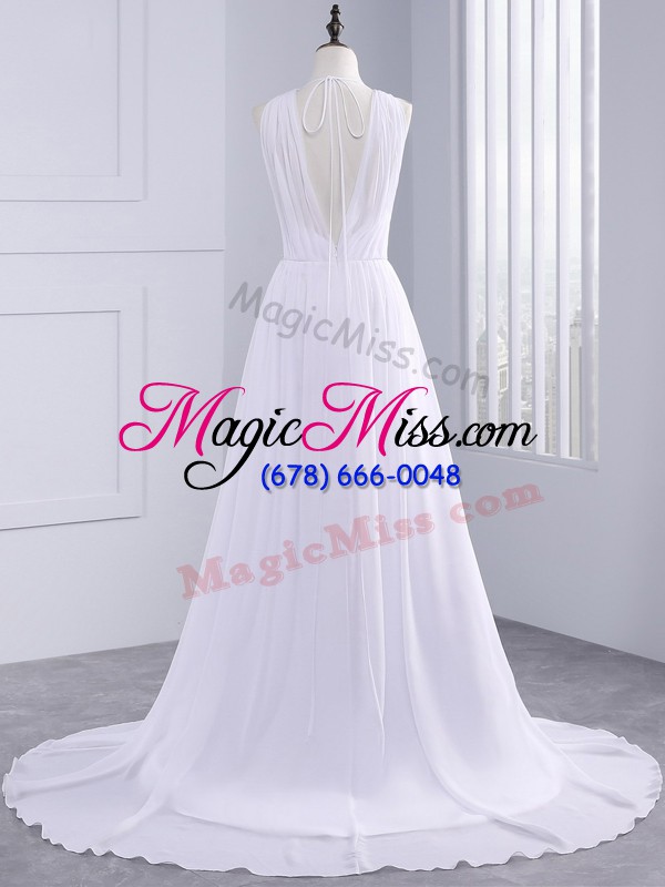 wholesale sexy white backless v-neck beading and ruching wedding dresses chiffon sleeveless brush train