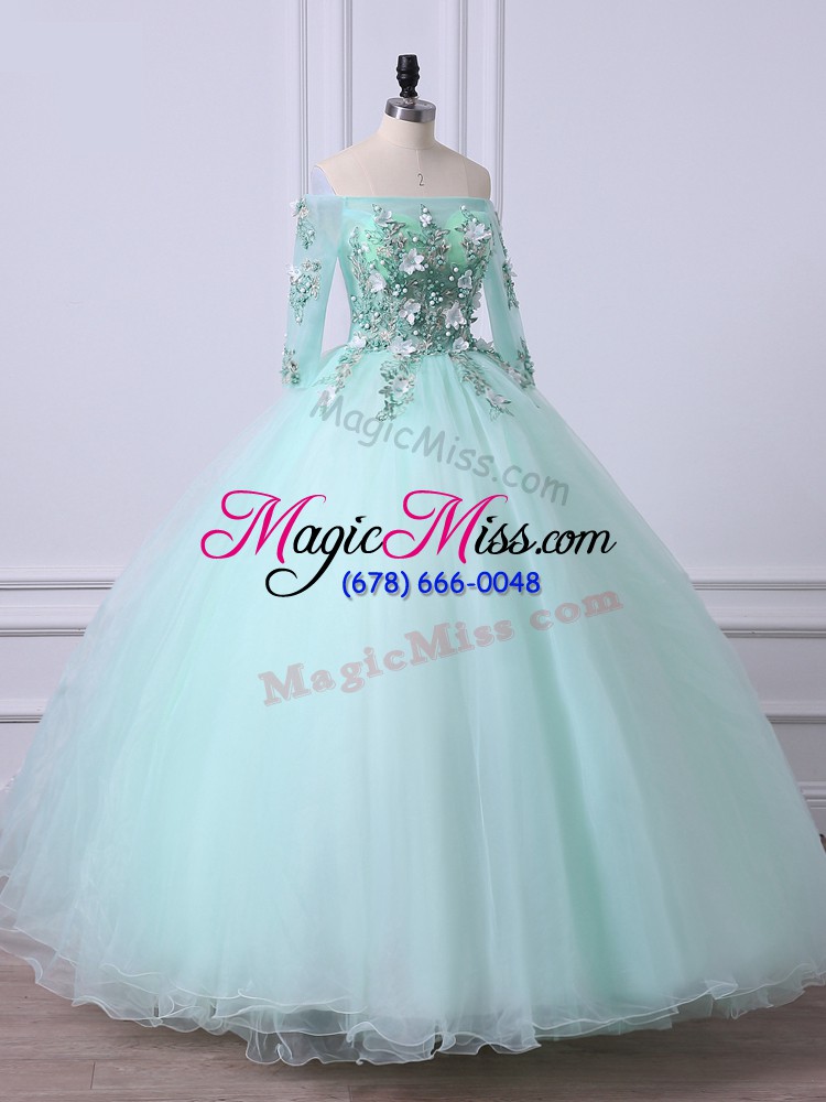 wholesale apple green ball gowns tulle off the shoulder 3 4 length sleeve beading floor length lace up quinceanera gown