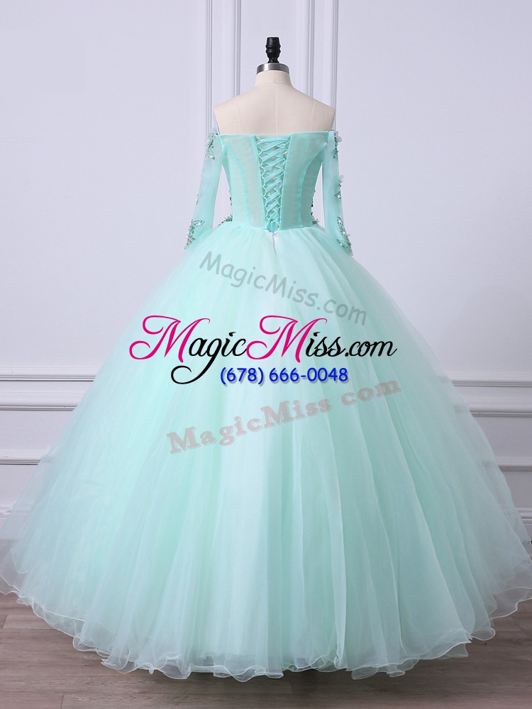 wholesale apple green ball gowns tulle off the shoulder 3 4 length sleeve beading floor length lace up quinceanera gown