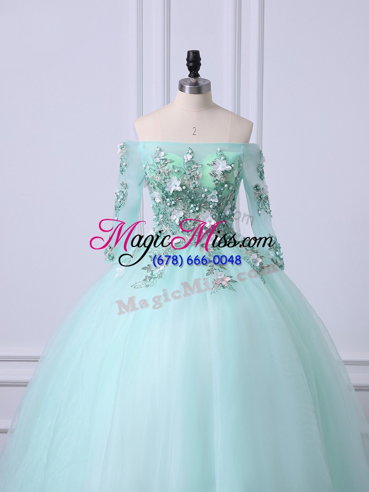 wholesale apple green ball gowns tulle off the shoulder 3 4 length sleeve beading floor length lace up quinceanera gown