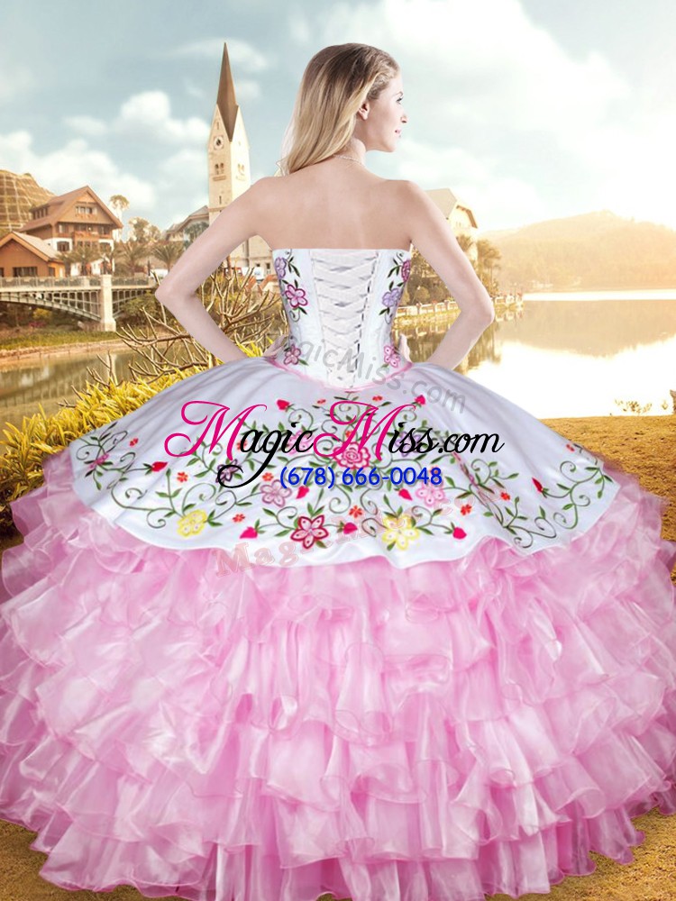 wholesale rose pink ball gowns sweetheart sleeveless organza and taffeta floor length lace up embroidery and ruffled layers 15th birthday dress