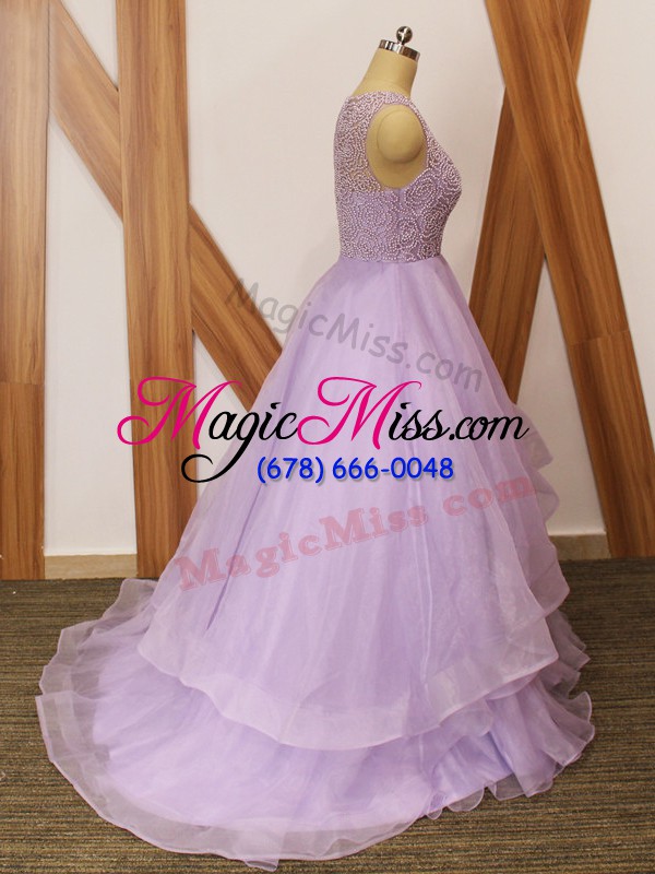 wholesale organza scoop sleeveless brush train zipper beading and ruffles hoco dress in lavender