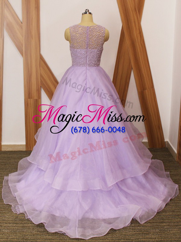 wholesale organza scoop sleeveless brush train zipper beading and ruffles hoco dress in lavender