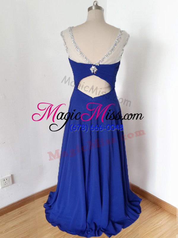 wholesale custom fit floor length zipper evening dress royal blue for prom and military ball and beach with beading and ruching