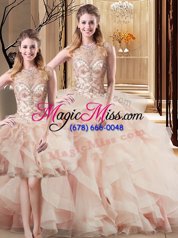 wholesale peach quinceanera gown military ball and sweet 16 and quinceanera with beading and ruffles scoop sleeveless brush train lace up