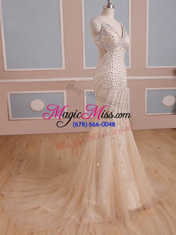 wholesale extravagant v-neck sleeveless tulle evening party dresses beading brush train criss cross