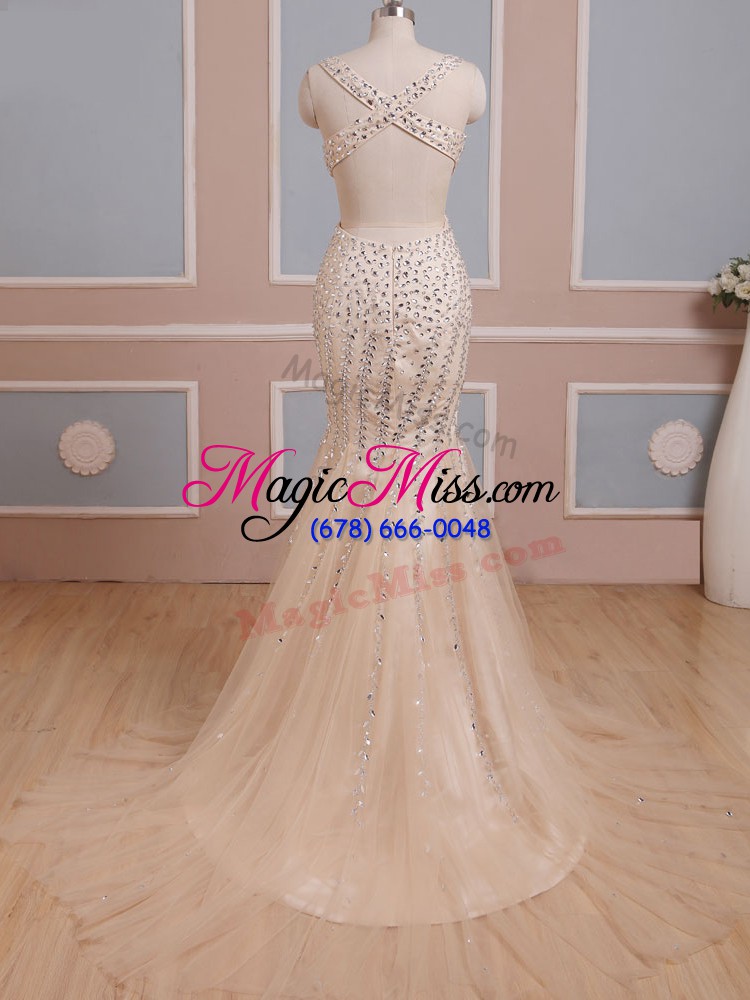 wholesale extravagant v-neck sleeveless tulle evening party dresses beading brush train criss cross