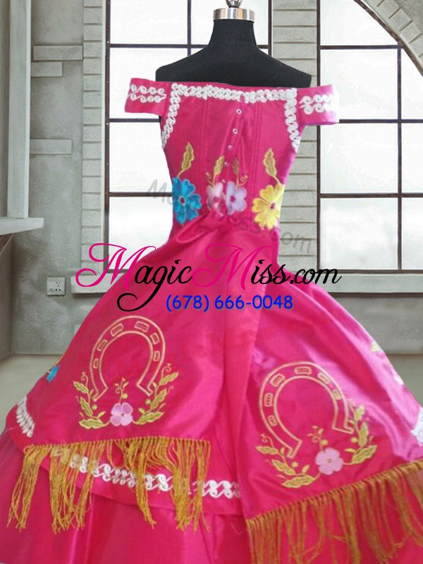 wholesale trendy hot pink short sleeves taffeta lace up 15 quinceanera dress for military ball and sweet 16 and quinceanera