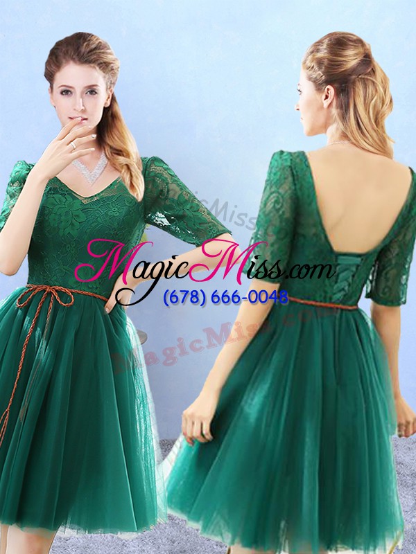 wholesale decent green a-line tulle v-neck half sleeves lace knee length backless bridesmaid dresses