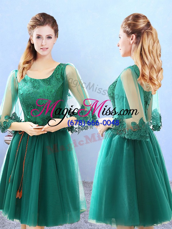 wholesale decent green a-line tulle v-neck half sleeves lace knee length backless bridesmaid dresses