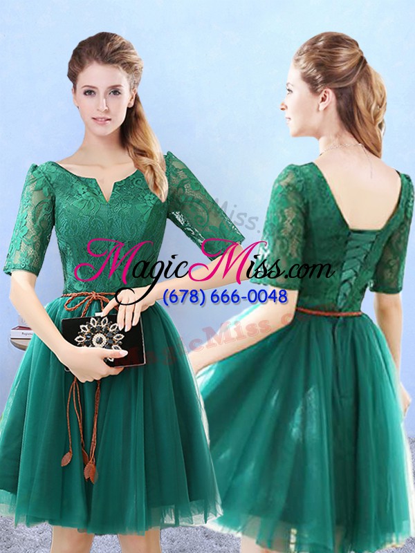 wholesale decent green a-line tulle v-neck half sleeves lace knee length backless bridesmaid dresses