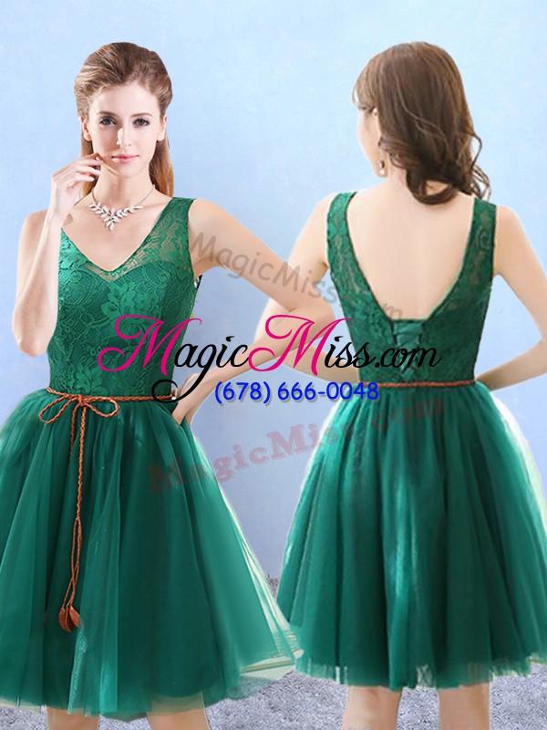 wholesale decent green a-line tulle v-neck half sleeves lace knee length backless bridesmaid dresses