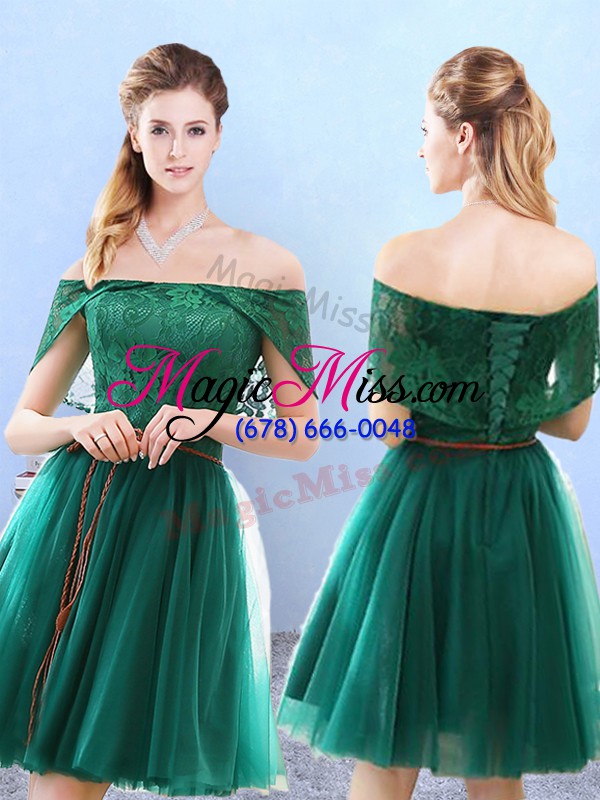 wholesale decent green a-line tulle v-neck half sleeves lace knee length backless bridesmaid dresses