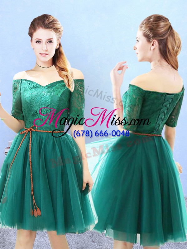 wholesale decent green a-line tulle v-neck half sleeves lace knee length backless bridesmaid dresses