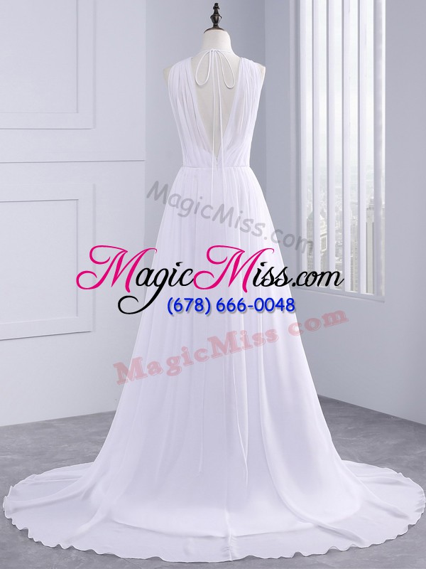 wholesale white bridal gown v-neck sleeveless brush train backless