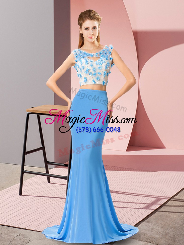 wholesale hot selling baby blue celebrity style dress chiffon brush train sleeveless beading and hand made flower