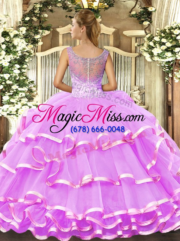 wholesale high class scoop sleeveless quinceanera gowns floor length beading and ruffled layers lavender lace