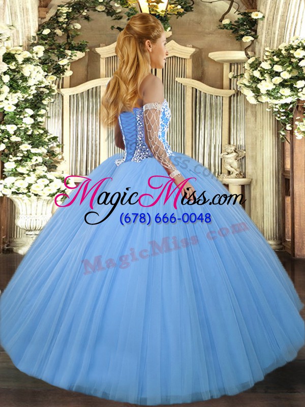 wholesale beading quinceanera gown blue lace up sleeveless floor length