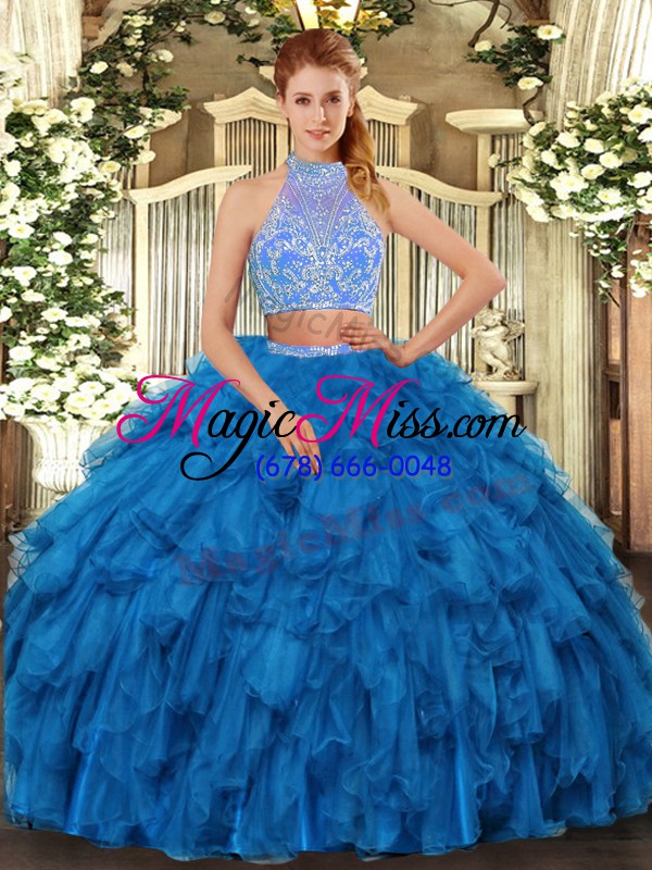 wholesale sleeveless organza floor length criss cross quinceanera gowns in blue with beading and ruffles