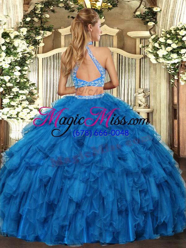 wholesale sleeveless organza floor length criss cross quinceanera gowns in blue with beading and ruffles