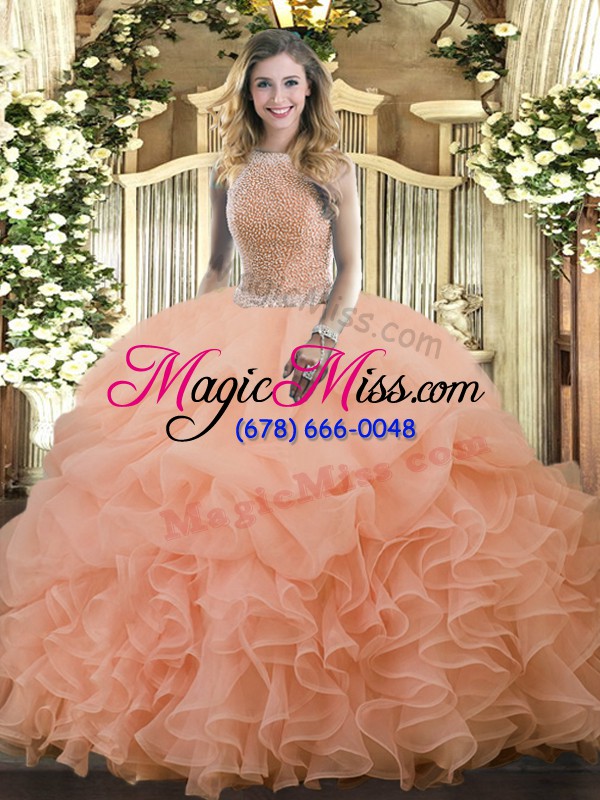 wholesale suitable peach sleeveless floor length beading and ruffles and pick ups lace up vestidos de quinceanera