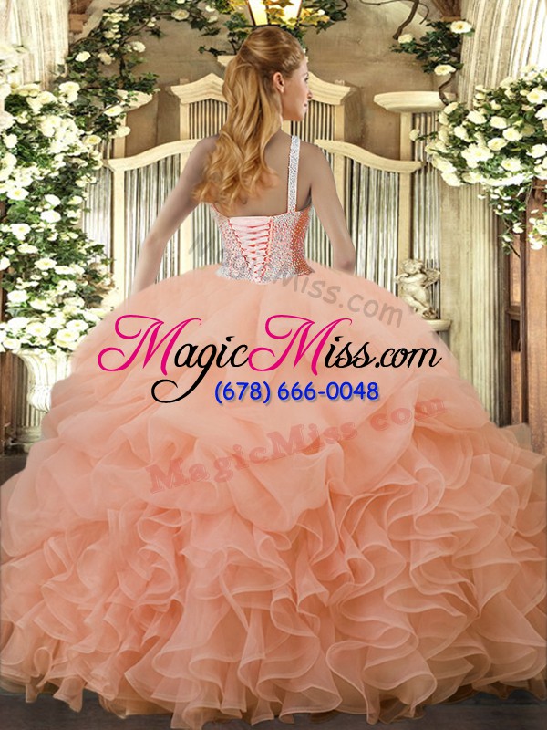 wholesale suitable peach sleeveless floor length beading and ruffles and pick ups lace up vestidos de quinceanera