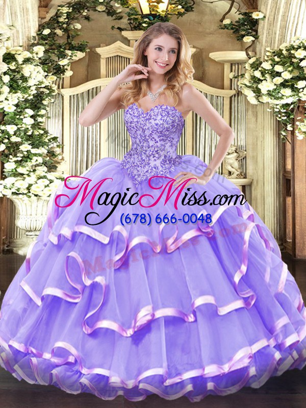 wholesale lavender organza lace up quinceanera gowns sleeveless floor length appliques and ruffled layers