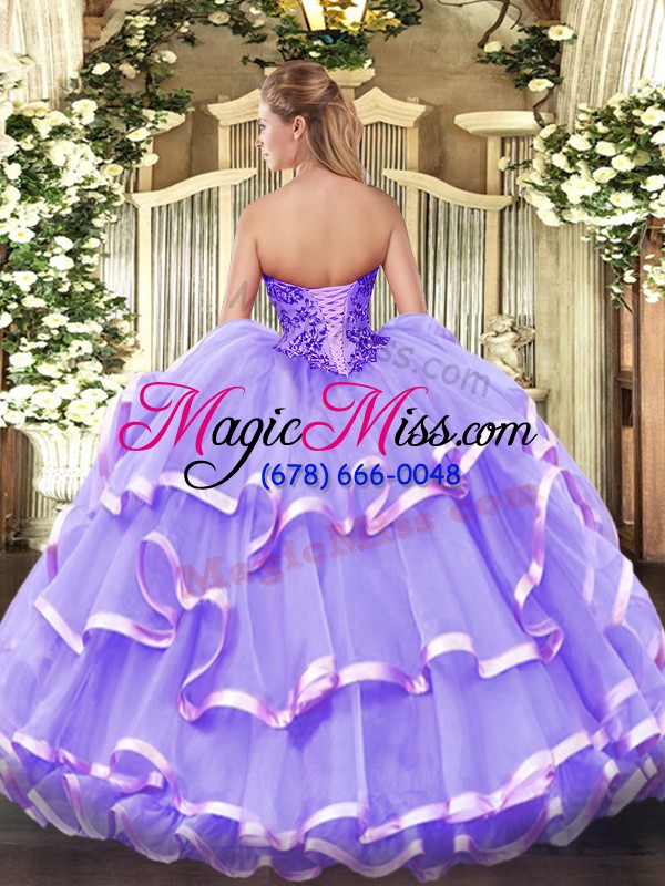 wholesale lavender organza lace up quinceanera gowns sleeveless floor length appliques and ruffled layers