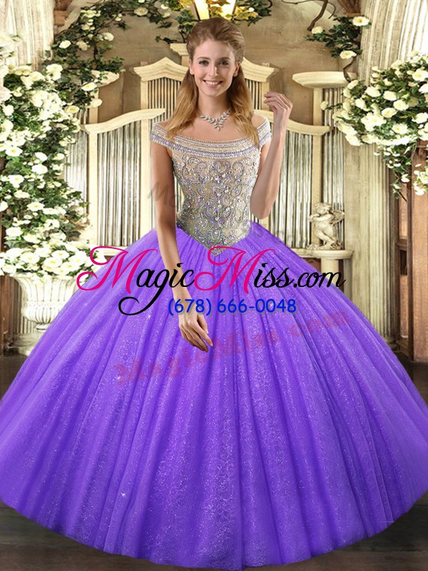 wholesale lavender ball gowns tulle off the shoulder sleeveless beading floor length lace up ball gown prom dress