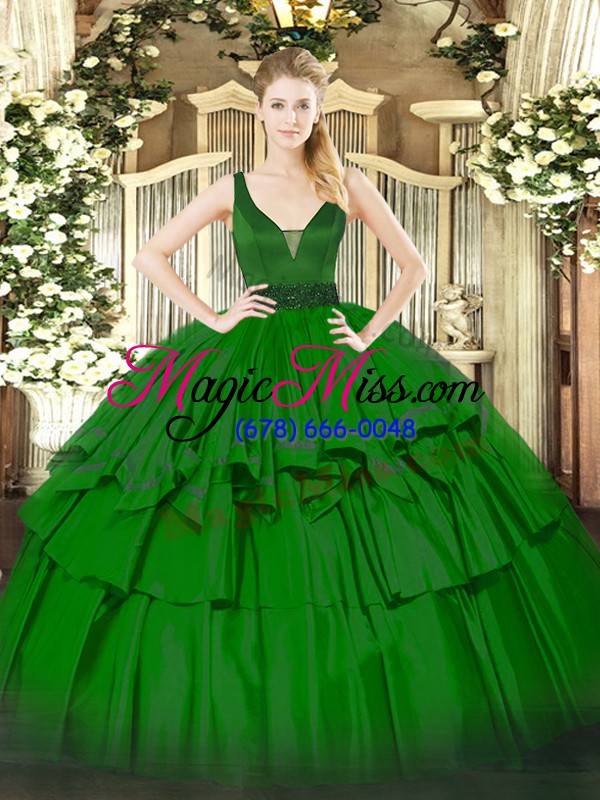 wholesale green sleeveless floor length beading and ruffled layers zipper quinceanera dresses