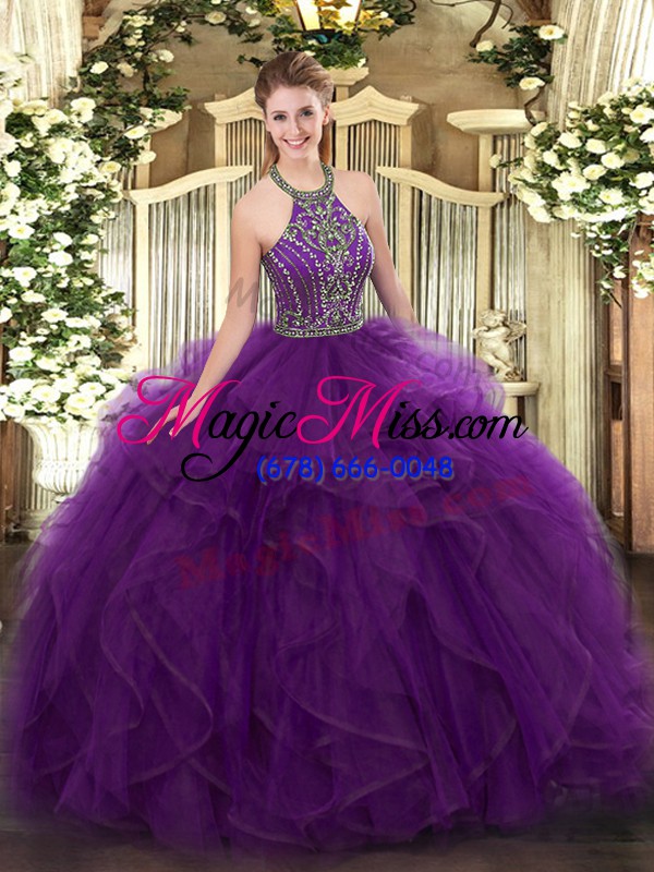 wholesale beading and ruffles quinceanera gowns purple lace up sleeveless floor length