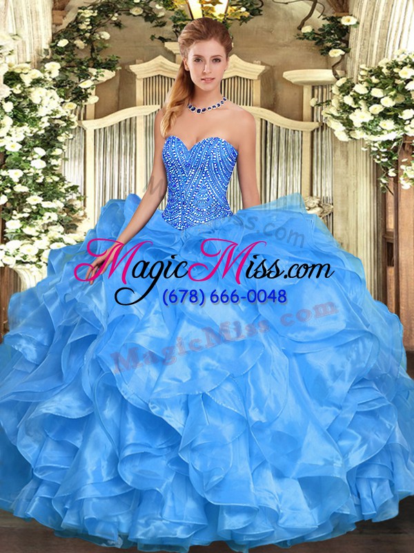 wholesale trendy floor length lace up quince ball gowns baby blue for military ball and sweet 16 and quinceanera with beading and ruffles