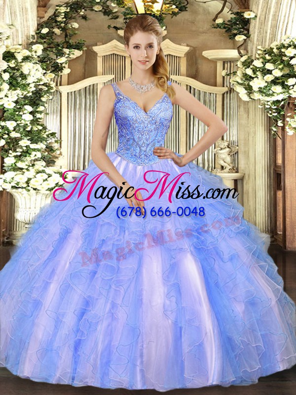 wholesale v-neck sleeveless quince ball gowns floor length beading and ruffles blue tulle