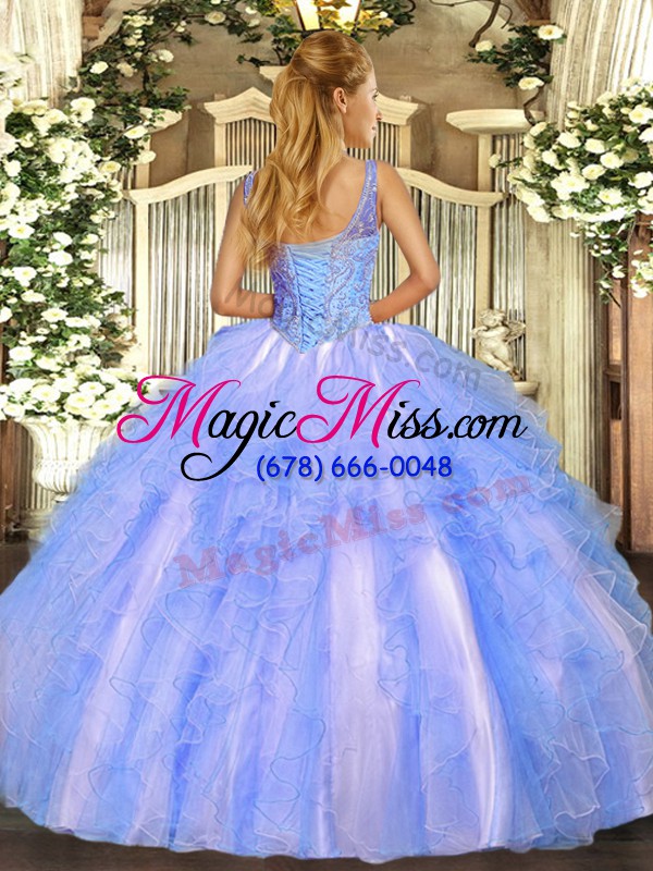 wholesale v-neck sleeveless quince ball gowns floor length beading and ruffles blue tulle