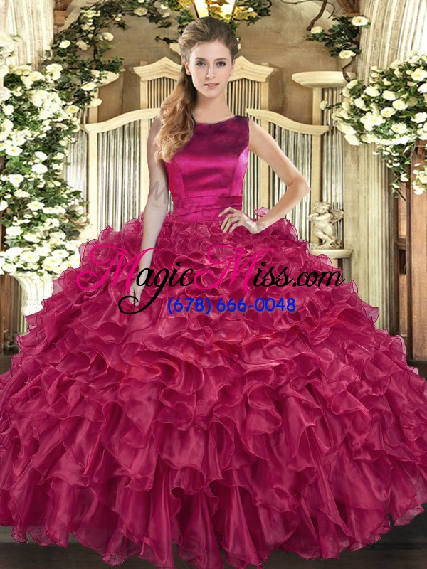 wholesale luxurious fuchsia sleeveless floor length ruffles lace up quinceanera dress