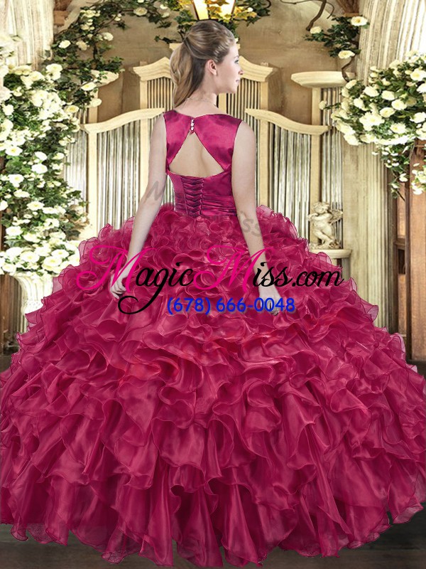 wholesale luxurious fuchsia sleeveless floor length ruffles lace up quinceanera dress