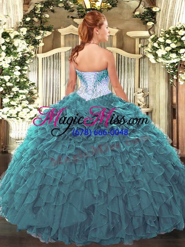 wholesale chic navy blue lace up quince ball gowns beading and ruffles sleeveless floor length