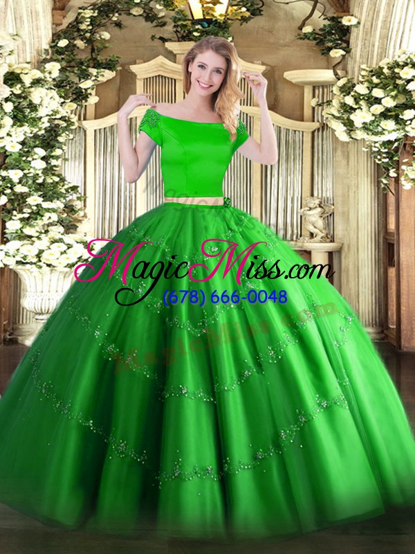 wholesale beauteous green off the shoulder neckline appliques quince ball gowns short sleeves zipper