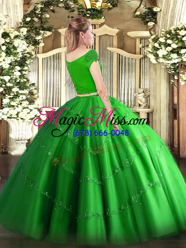 wholesale beauteous green off the shoulder neckline appliques quince ball gowns short sleeves zipper