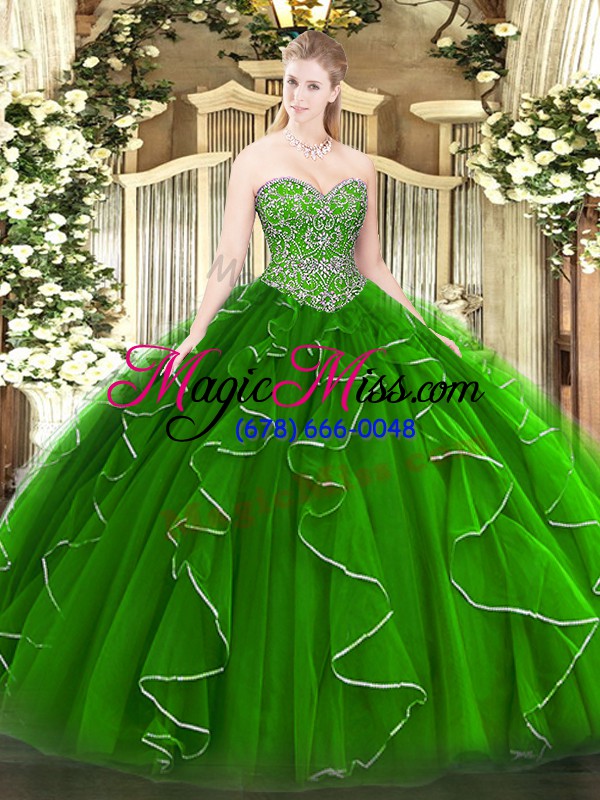 wholesale colorful green sleeveless floor length beading and ruffles lace up quinceanera dress